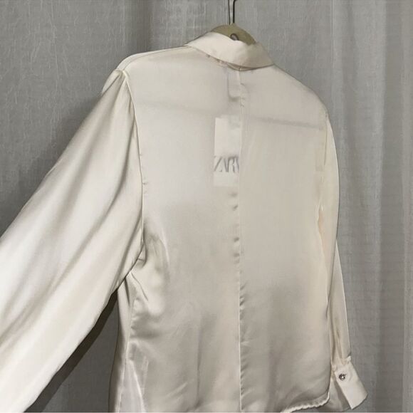 ZARA L Ivory Preppy Outer Shell Long Sleeve Front Tie Beaded Button Blouse - Picture 10 of 15